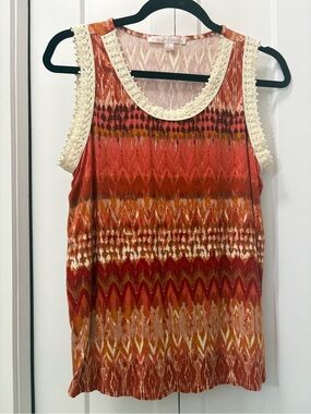Stella & Jamie Rust Ikat BOHA Sleeveless Tank with Lace Trim size L